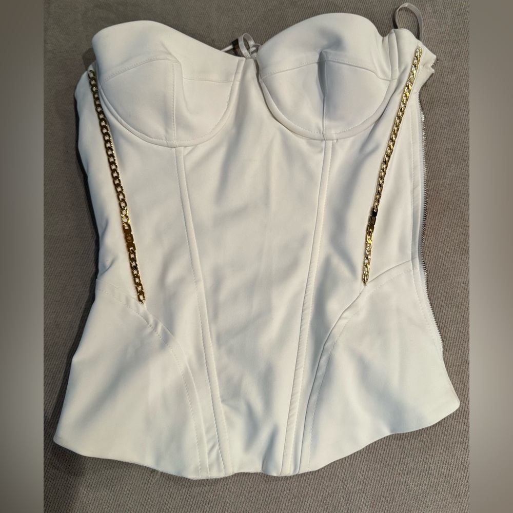 Elisabetta Franchi White Corset Top with Gold Chain Accents